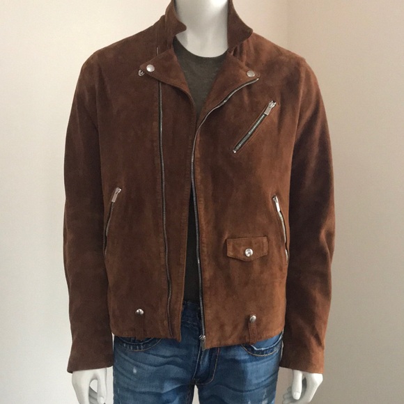Camel Suede Jacket with a biker collar.